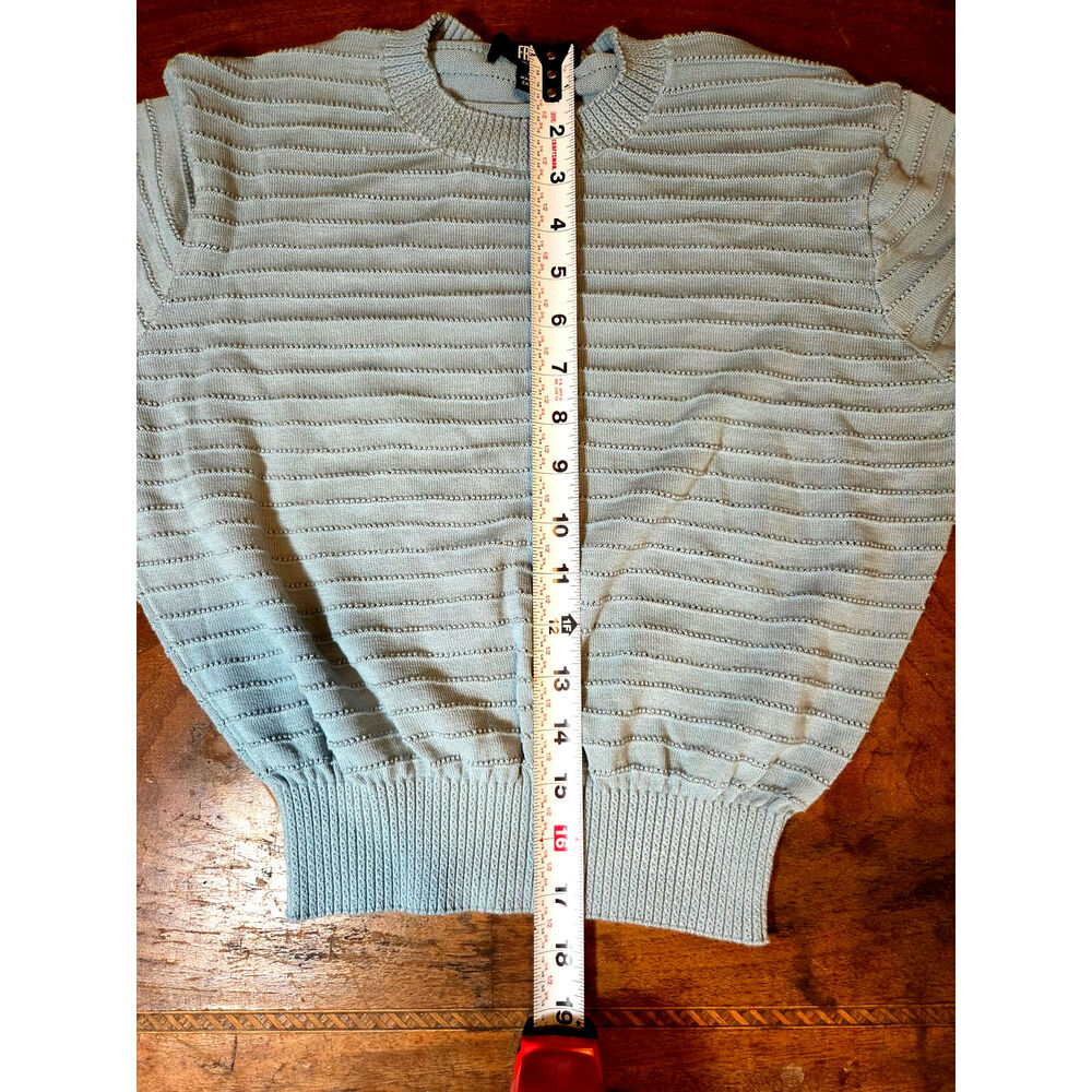 Frye Ribbed Knit Sweater Sage Blue Short Sleeve Crewneck - Picture 6 of 6